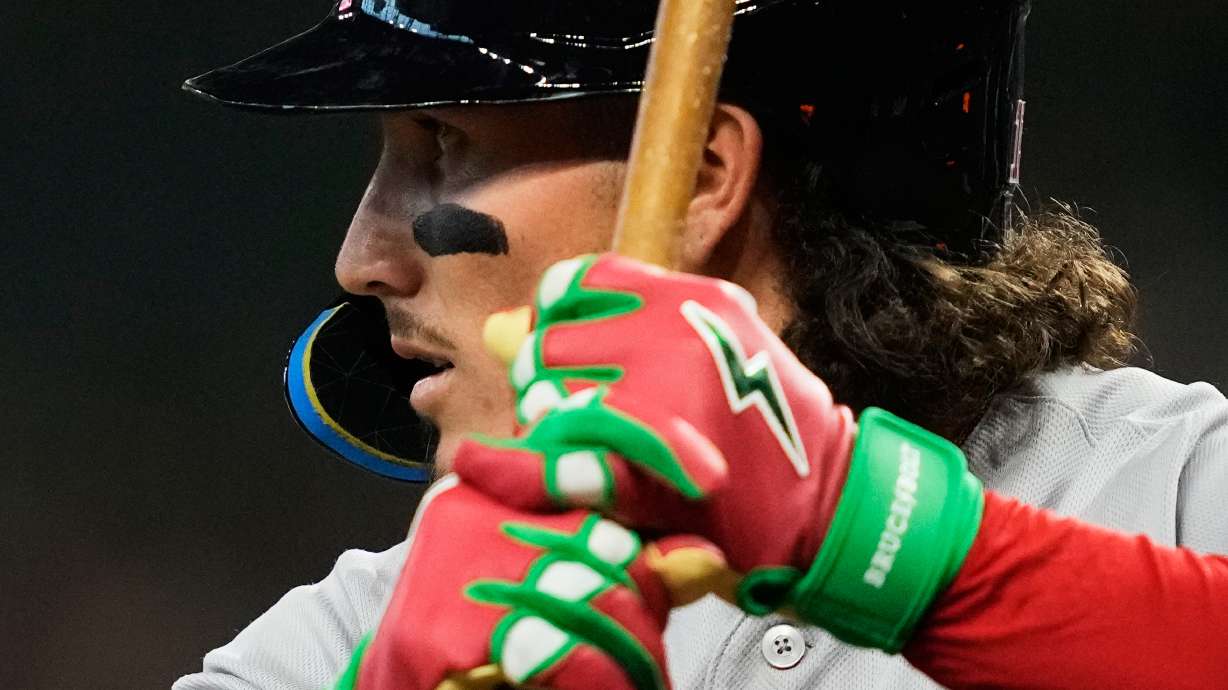 Boston Red Sox designated hitter Jarren Duran prepares to bat during the first inning of a baseball game against the Houston Astros in Houston, Monday, March 30, 2026.