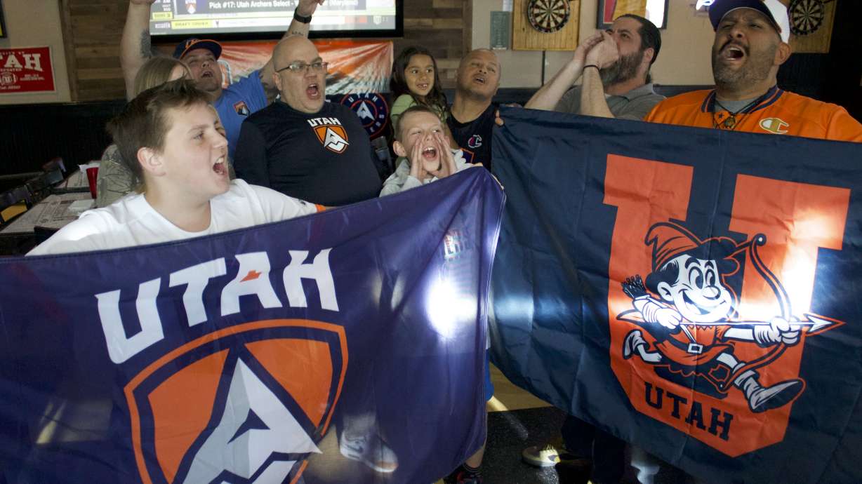 Utah Archers fans gather with the Arrowhead, the official supporters' group of the Utah Archers, for the Premier Lacrosse League college draft, Tuesday, April 14, 2026 at Legends Bar & Grill Downtown in Salt Lake City.