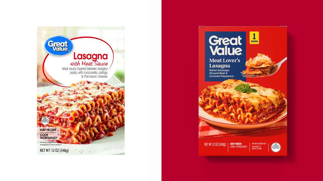 This image provided by Walmart shows from left, Walmart's Great Value Kettle Cooked Lasagna and the redesigned packaging for Walmart's Great Value Lasagna.