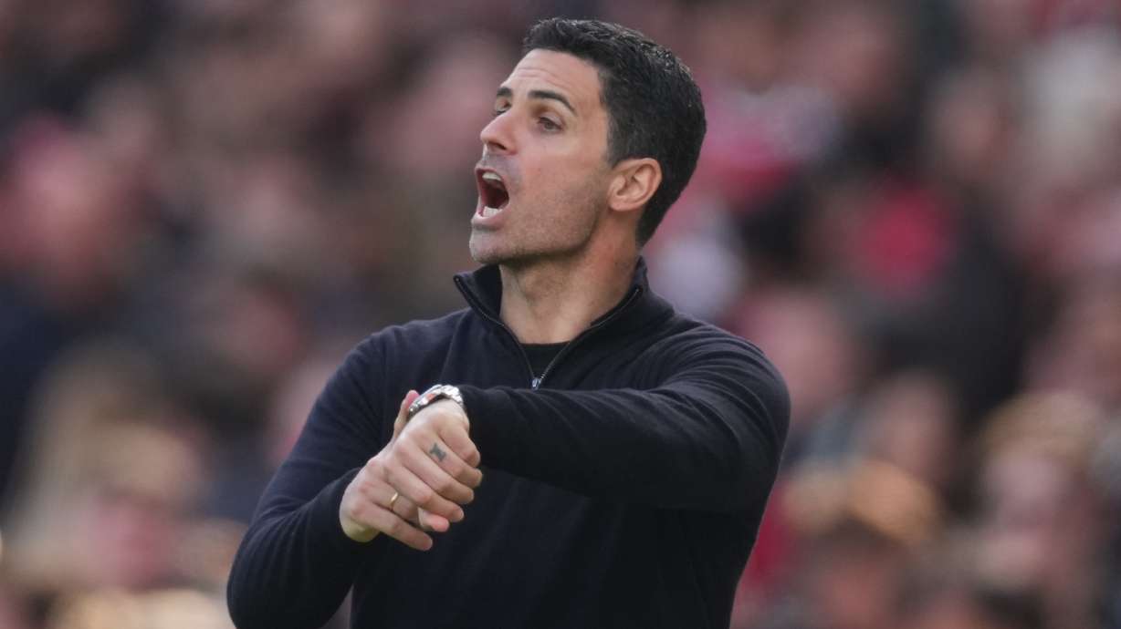 Arsenal's manager Mikel Arteta reacts during the Premier League soccer match between Arsenal and Bournemouth in London, England Saturday, April 11, 2026.