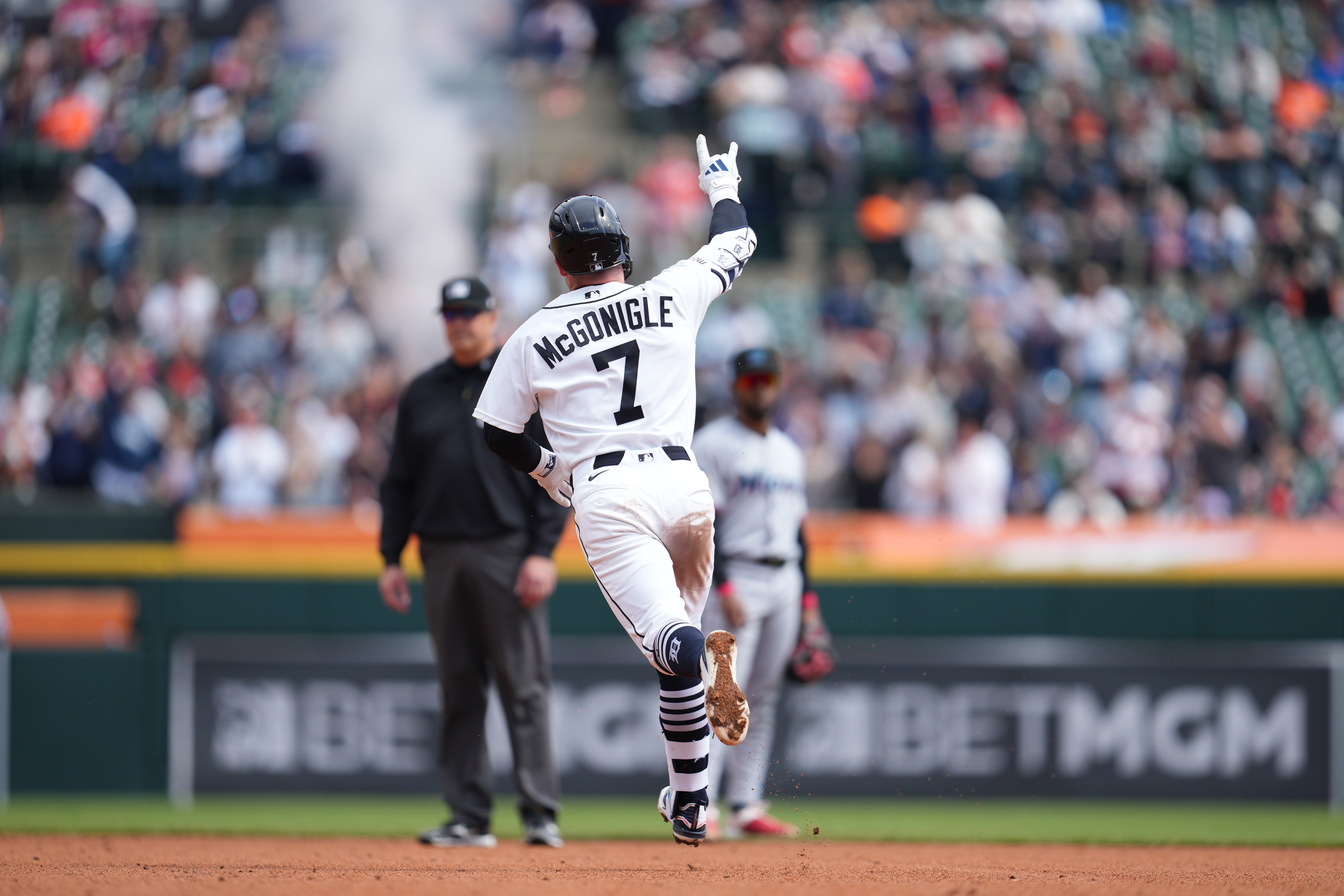 Detroit Tigers' Kevin McGonigle celebrates his home run against the Miami Marlins during the fifth inning of a baseball game Sunday, April 12, 2026, in Detroit.