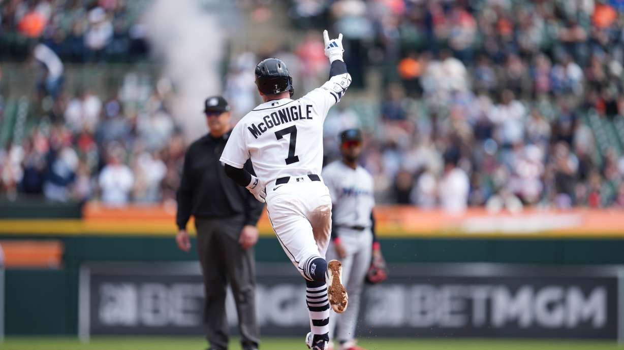 Detroit Tigers' Kevin McGonigle celebrates his home run against the Miami Marlins during the fifth inning of a baseball game Sunday, April 12, 2026, in Detroit.