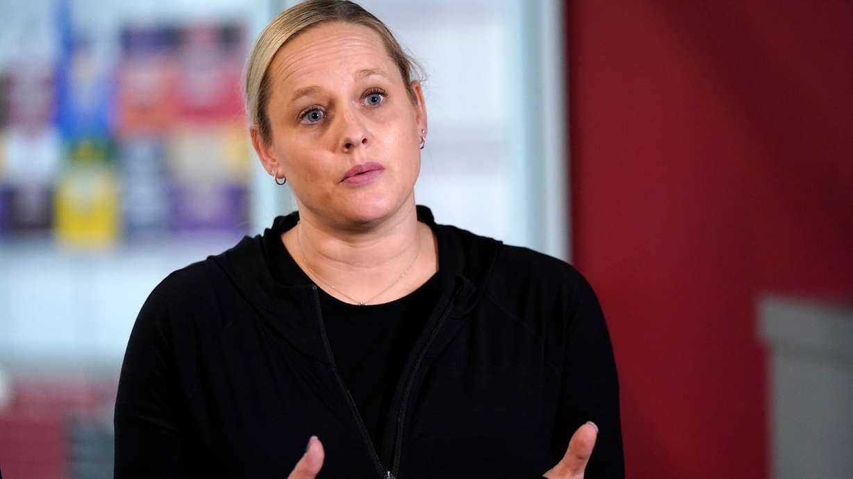 FILE - Gymnastics coach Cecile Landi talks about coaching reigning Olympic champion gymnast Simone Biles Tuesday, May 11, 2021, in Spring, Texas.