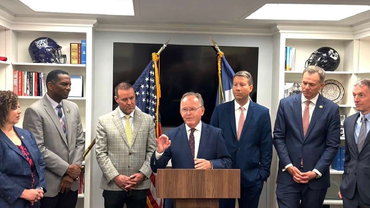 Utah Senate President Stuart Adams, R-Layton, speaks in Washington on Wednesday, flanked by House Speaker Mike Schultz, ALEC President Jonathan Williams and members of Utah's congressional delegation.
