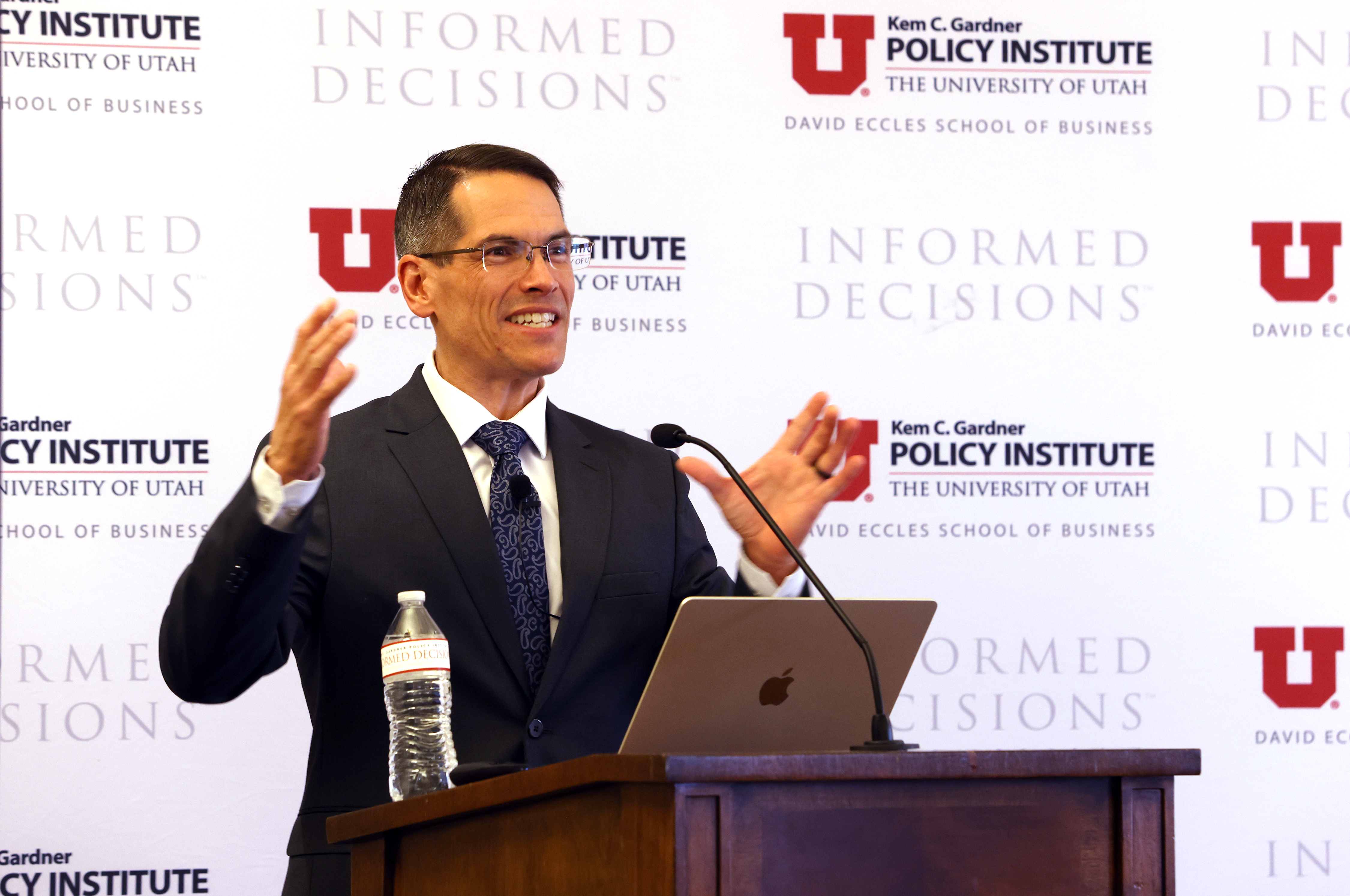 Shon Hiatt, director of the Zage Business of Energy Initiative at the University of Southern California, presents statistical data on the rise in data centers across the country during a discussion hosted by the Kem C. Gardner Policy Institute in Salt Lake City on Wednesday.
