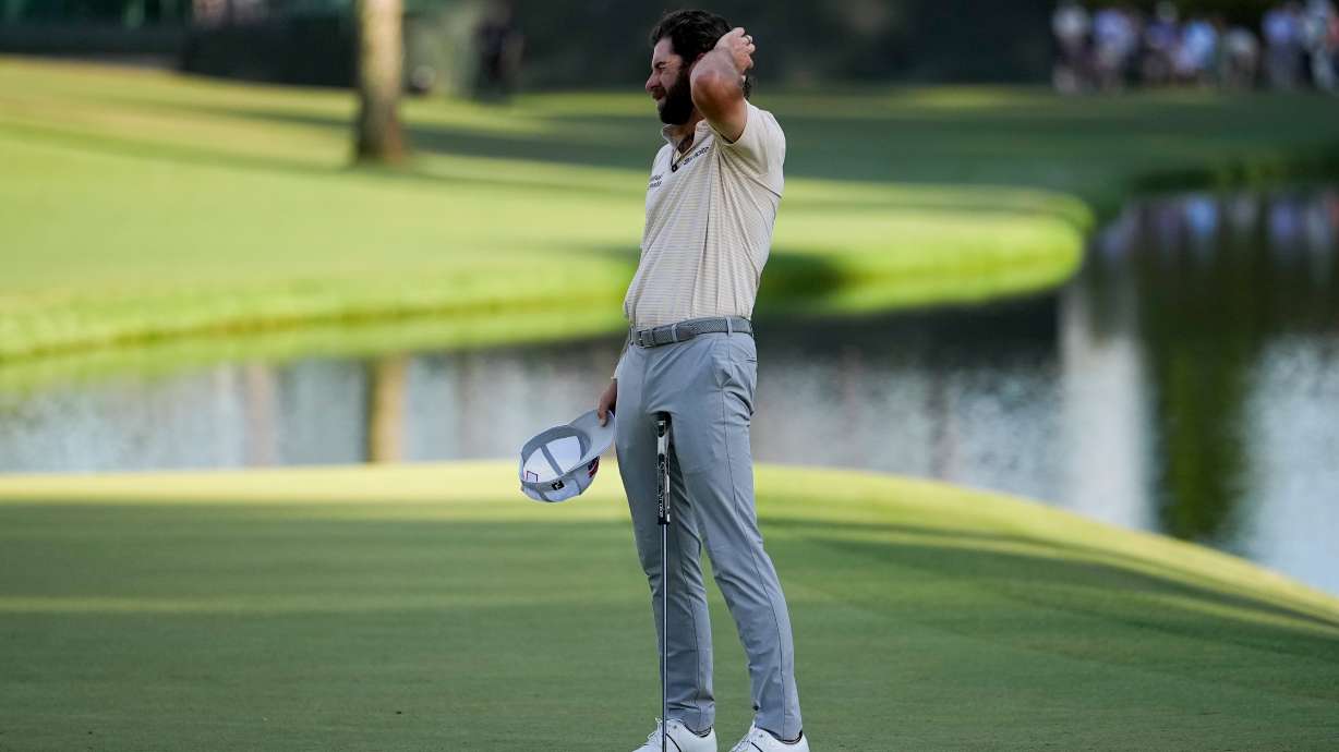 Cameron Young reacts after missing a putt on the 16th hole during the final round of the Masters golf tournament at the Augusta National Golf Club, Sunday, April 12, 2026, in Augusta, Ga.
