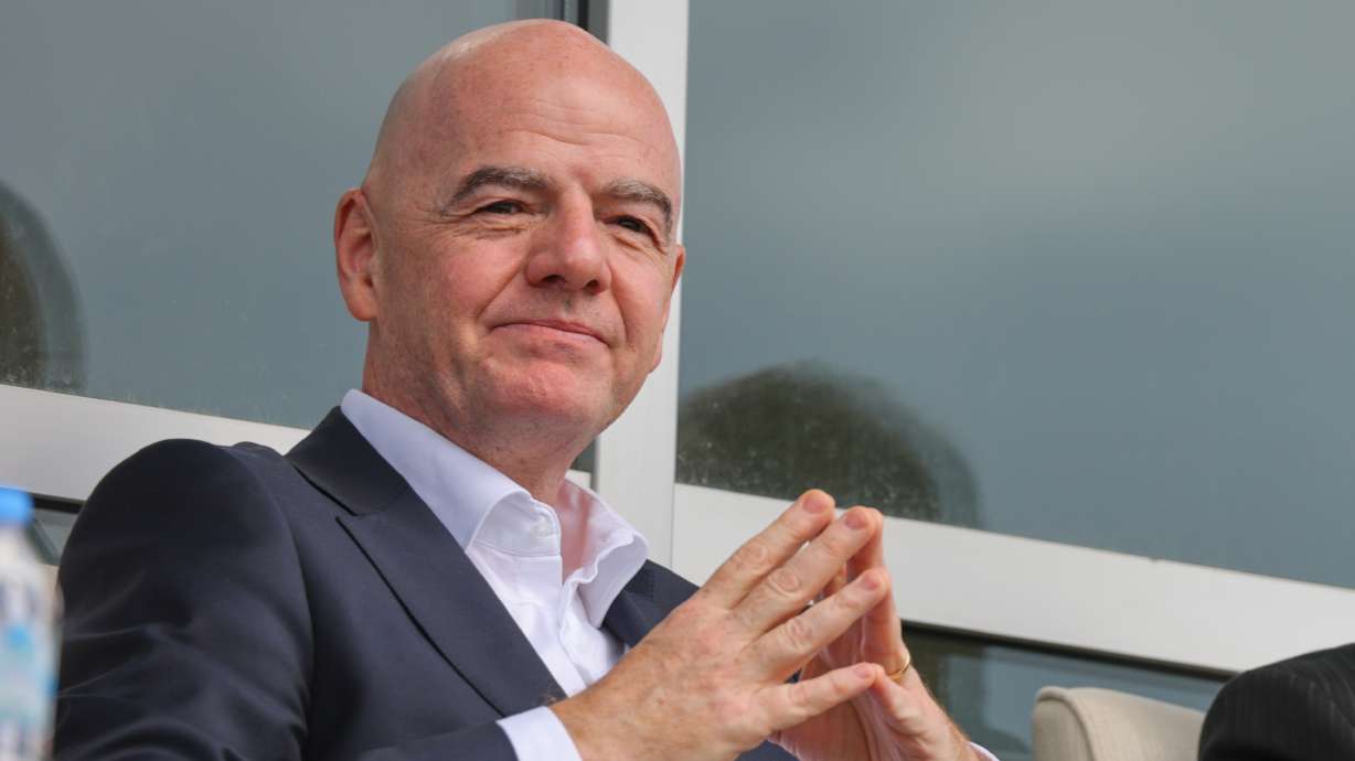 FIFA President Gianni Infantino follows a friendly soccer match between Iran and Costa Rica, in Antalya, southern Turkey, March 31. He said despite war, Iran will participate in the World Cup.