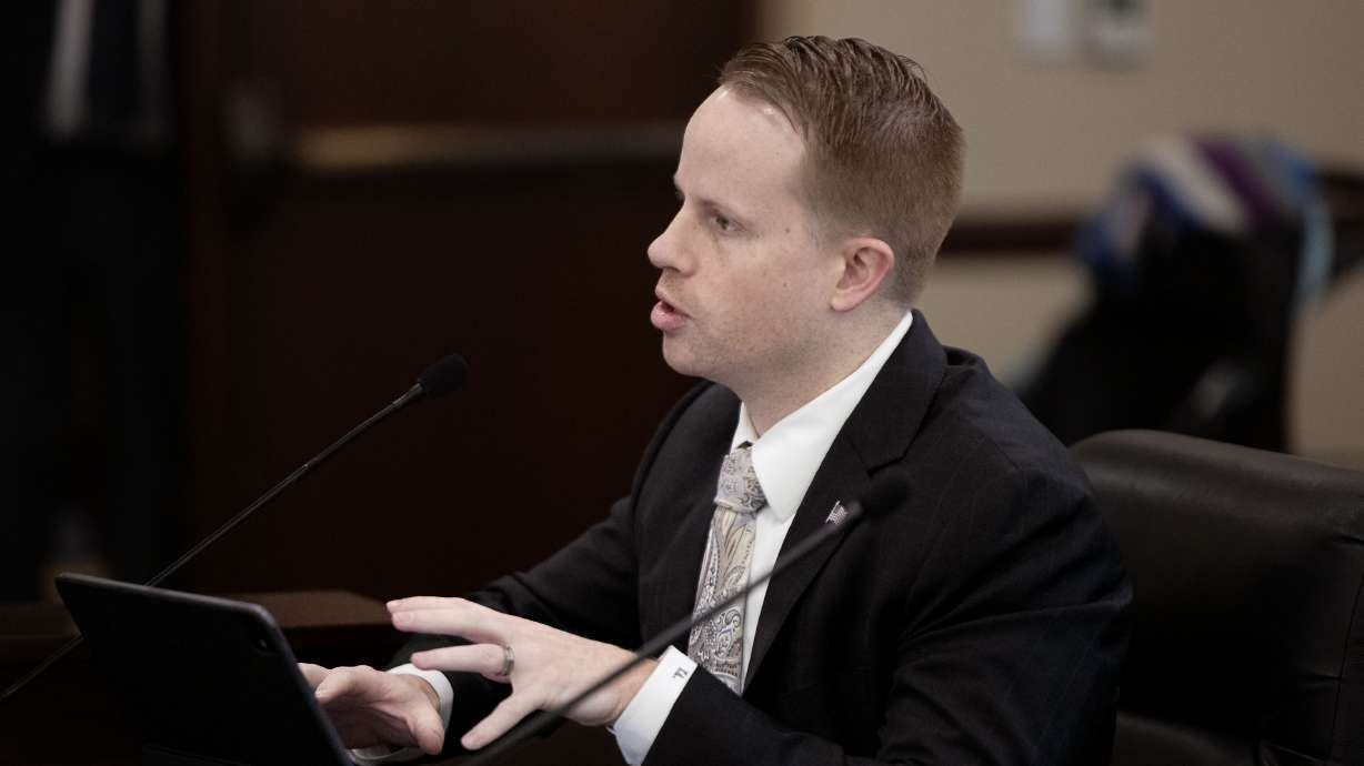 Rep. Trevor Lee, R-Layton, speaks about a bill at the Capitol in Salt Lake City on Friday, Feb. 28, 2025. Two businessmen are accusing Lee of committing check fraud in a previous job and abusing his power as a member of the Utah Legislature.