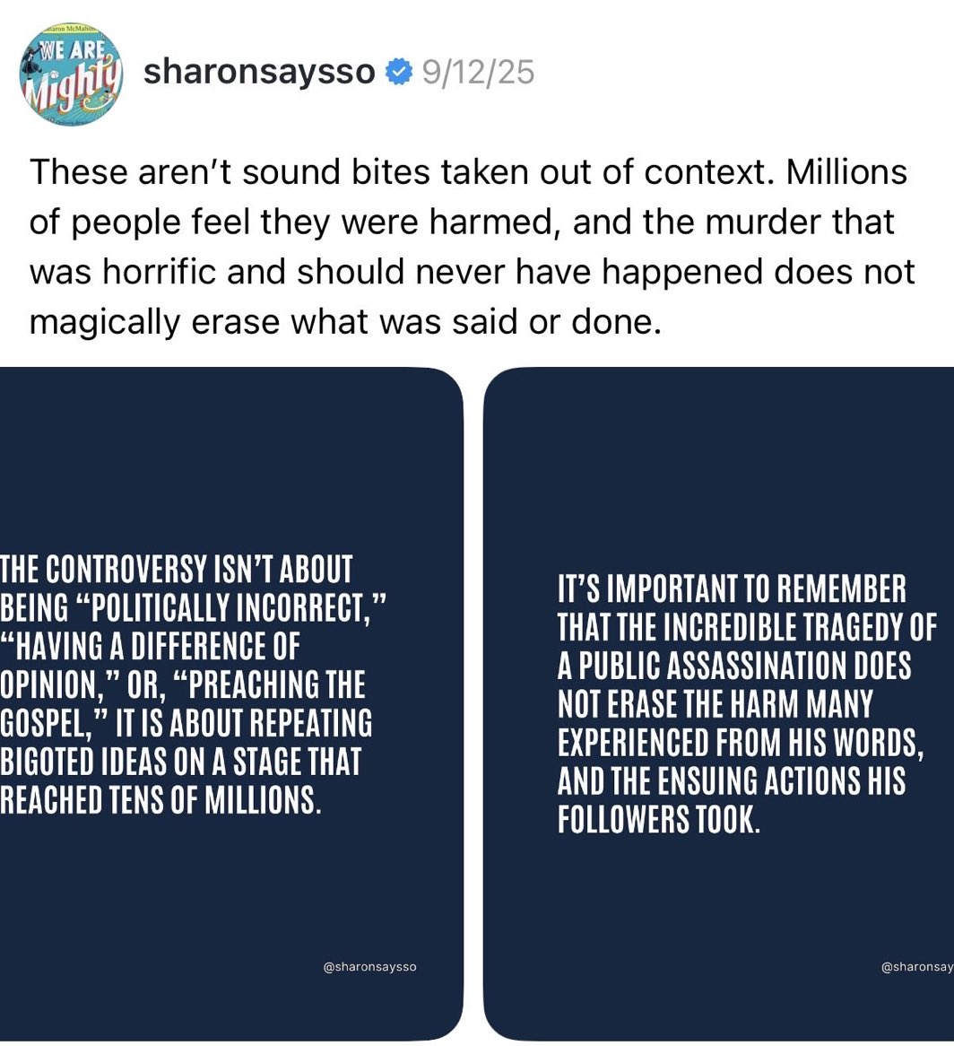A screenshot of a now-deleted social media post made by Sharon McMahon two days after Charlie Kirk was shot and killed on the campus of Utah Valley University.