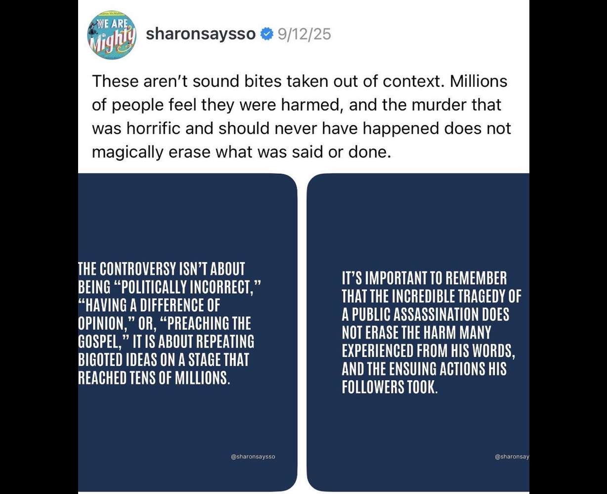 A screenshot of a now-deleted social media post made by Sharon McMahon two days after Charlie Kirk was shot and killed on the campus of Utah Valley University.