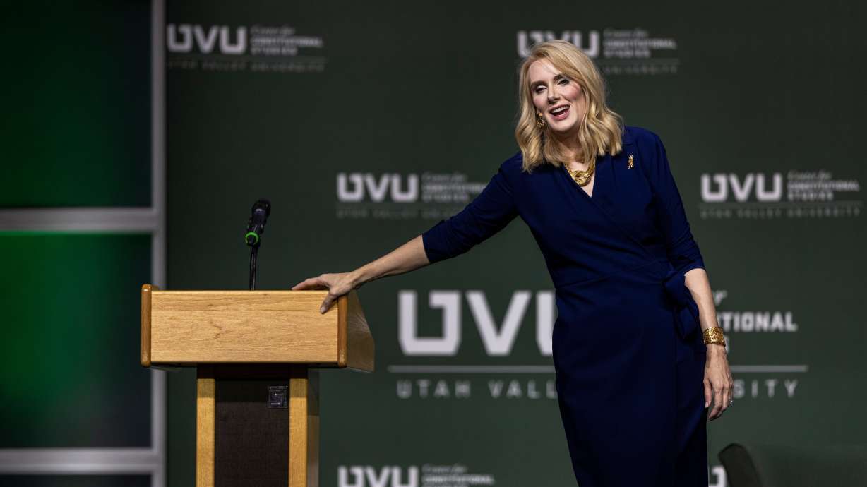 Sharon McMahon speaks at Utah Valley University in Orem, on Oct. 10, 2023. UVU last month announced McMahon was selected to deliver the keynote address at the university's commencement, receiving swift backlash from Utah Republicans.