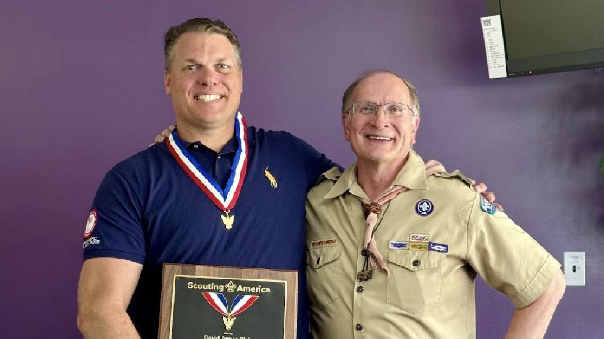 Utah Paralympian David Blair, with a former scoutmaster, Calvin Carlson. Blair was awarded the Distinguished Eagle Scout Award, the most prestigious award in Scouting, which has been presented to only 2,000 people since its inception in 1969.
