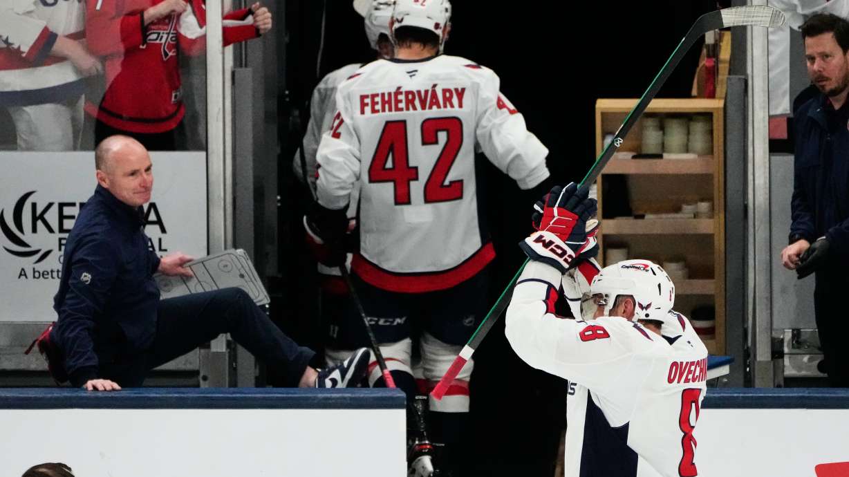 Washington Capitals left wing Alex Ovechkin (8) acknowledges fans as he leaves the ice after the Capitals defeated the Columbus Blue Jackets in an NHL hockey game Tuesday, April 14, 2026, in Columbus, Ohio.