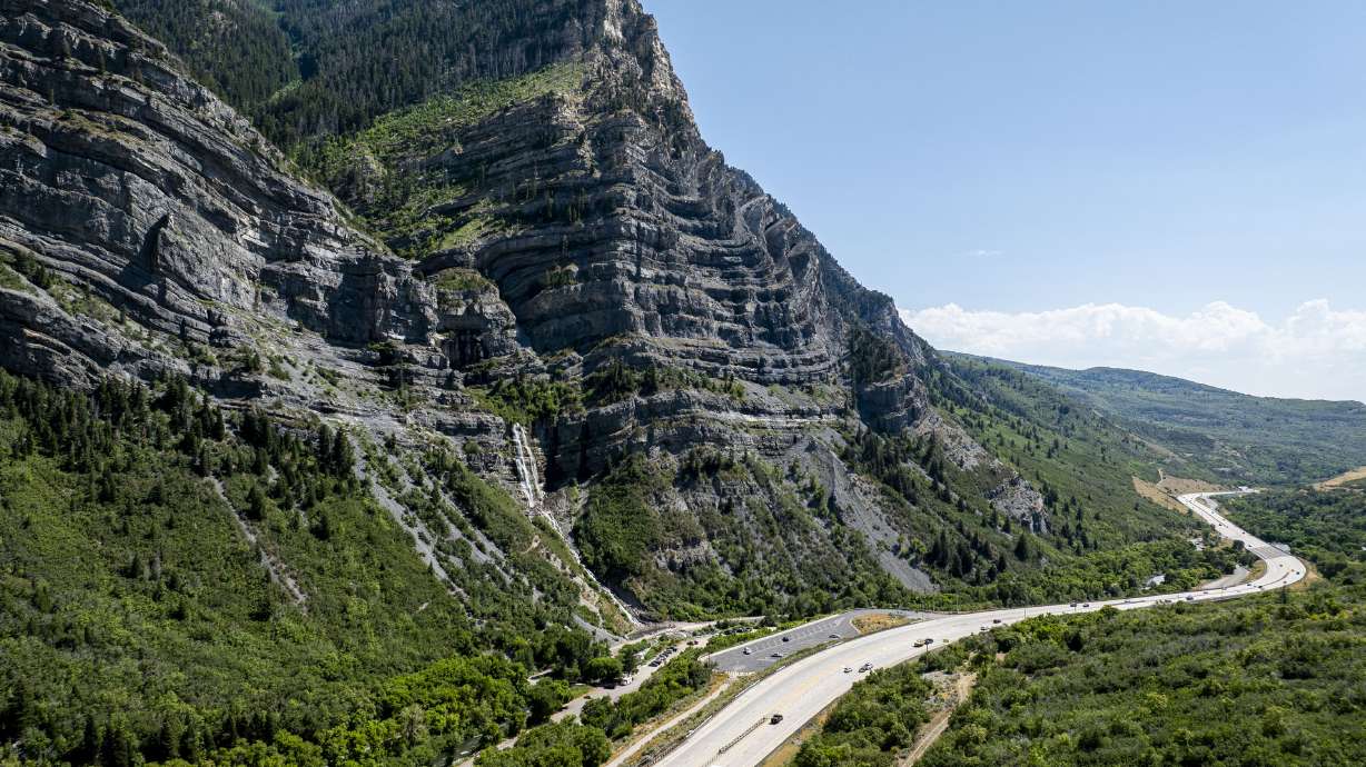 Traffic flows along U.S. Route 189 near Bridal Veil Falls in Provo Canyon. A portion of the highway will be closed Sunday for pavement repair.