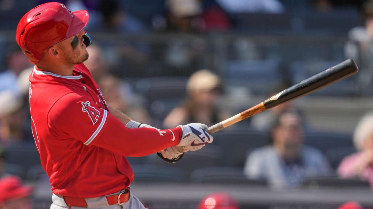 Los Angeles Angels' Mike Trout (27) hits a home run during the seventh inning of a baseball game against the New York Yankees, Thursday, April 16, 2026, in New York.