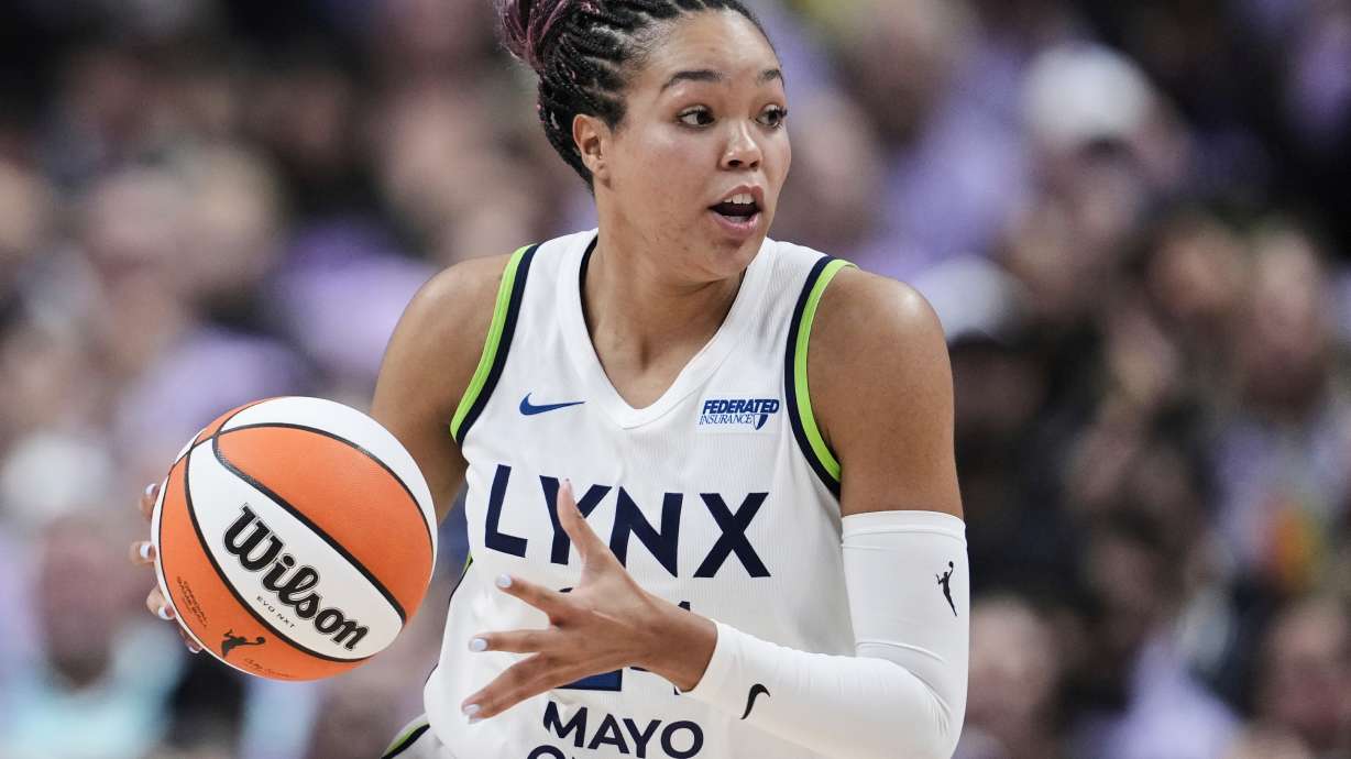 FILE - Minnesota Lynx forward Napheesa Collier moves the ball during the first half of Game 2 in the first round of the WNBA basketball playoffs against the Golden State Valkyries, Wednesday, Sept. 17, 2025, in San Jose, Calif.