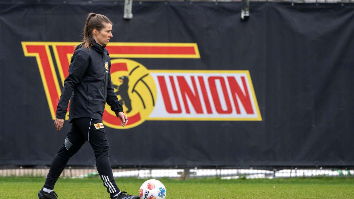 Union Berlin's interim head coach Marie-Louise Eta attends a training session in Berlin, Tuesday, April 14, 2026.