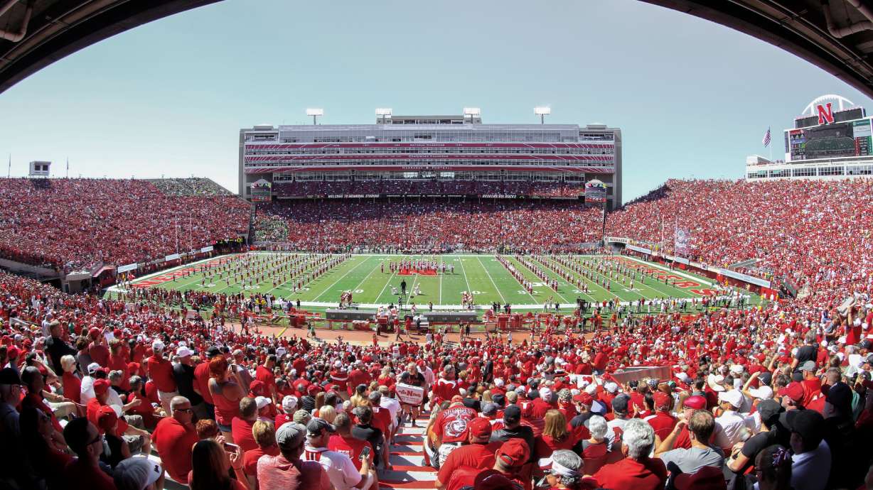 FILE - Fans fill Memorial Stadium in Lincoln Neb., on Saturday, Sept. 17, 2016, as Nebraska plays Oregon in an NCAA college football game.