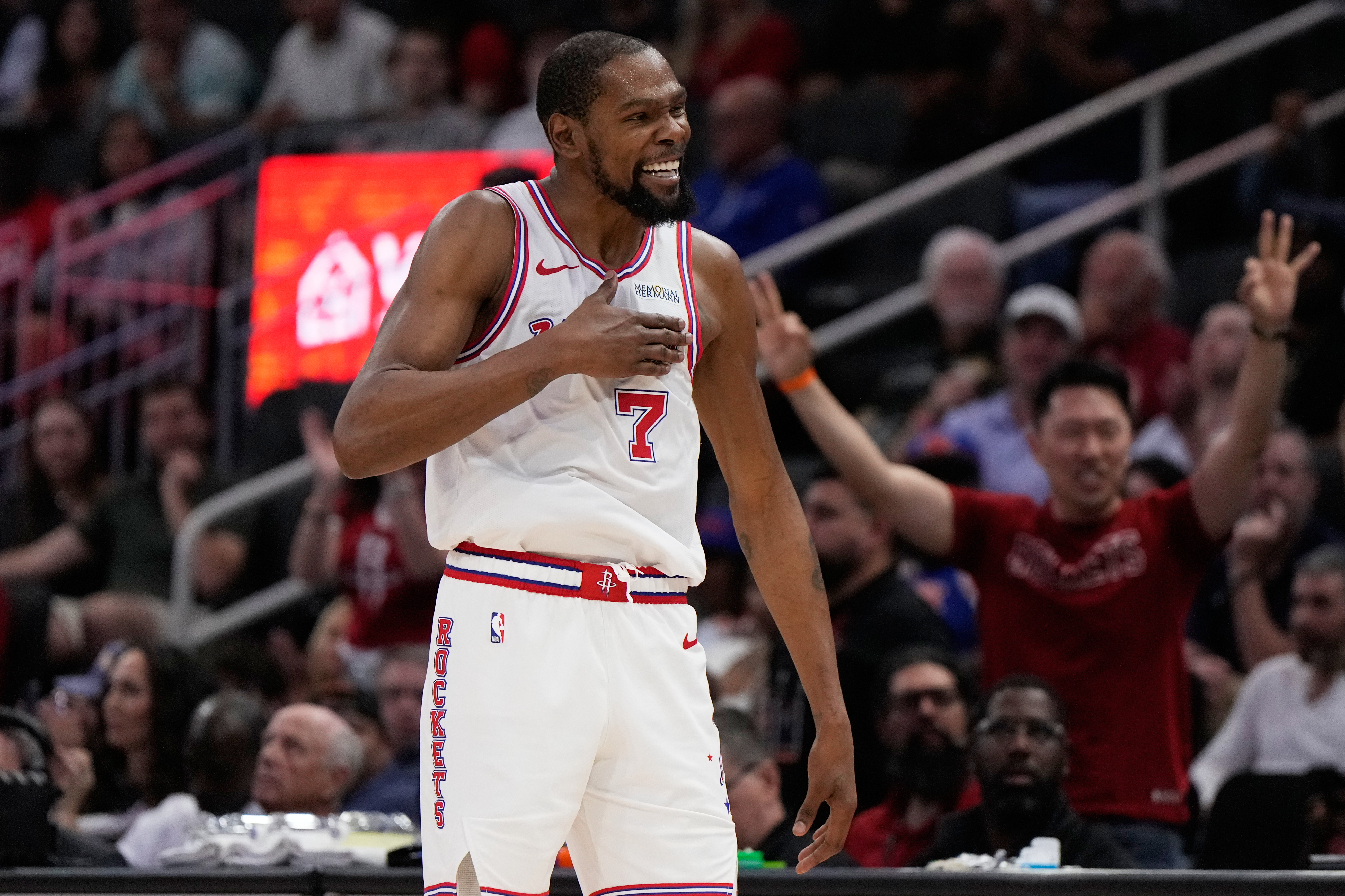 Houston Rockets forward Kevin Durant celebrates after making a 3-pointer during the second half of an NBA basketball game against the New York Knicks in Houston, Tuesday, March 31, 2026. 