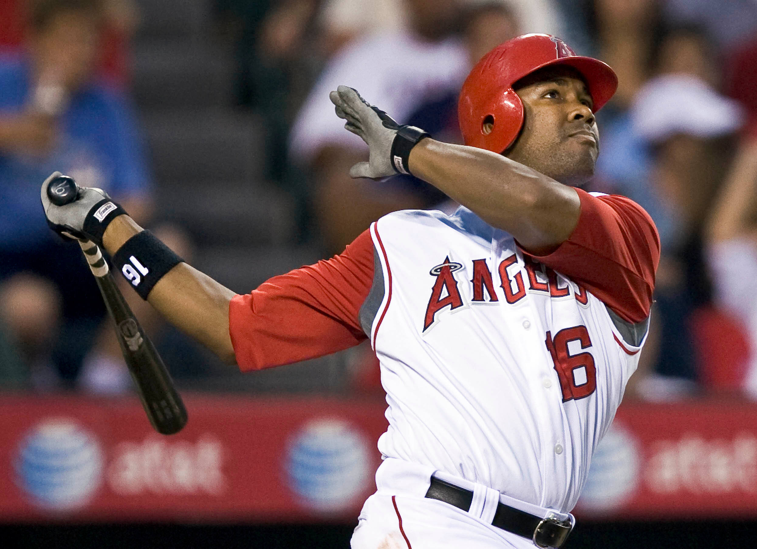 FILE - Los Angeles Angels' Garret Anderson watches the ball after hitting a two-run homer against the Toronto Blue Jays in the seventh inning of a baseball game in Anaheim, Calif., Friday, July 4, 2008. 