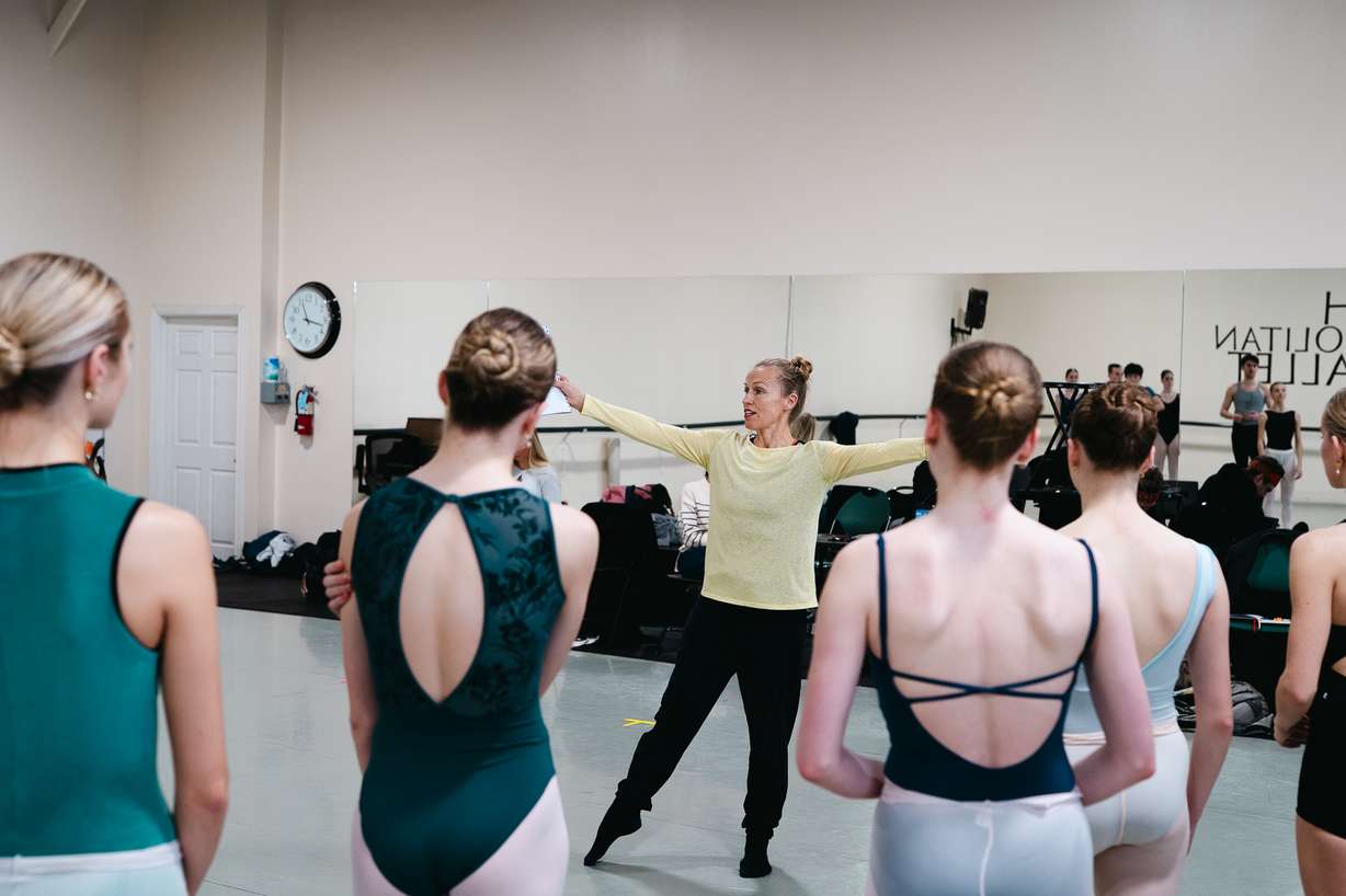 Choreographer Vanessa Cook, winner of the 2025 Ariel Bybee Endowment Prize, addresses dancers gathered at the start of rehearsal with the Utah Metropolitan Ballet.