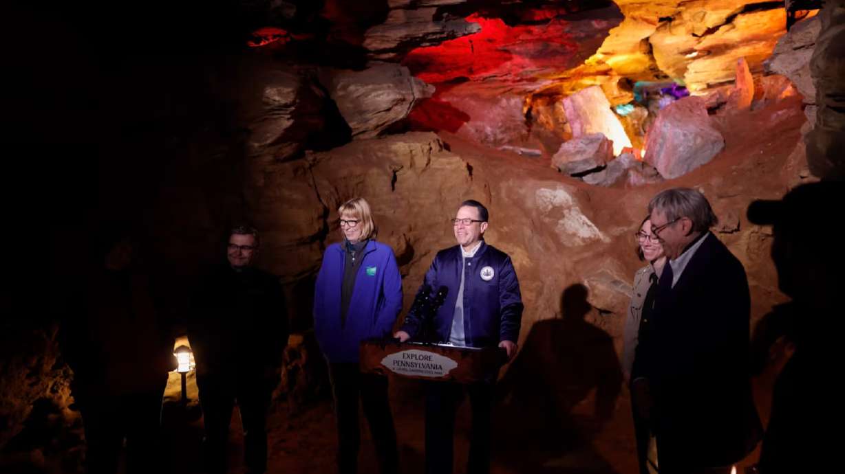 Pennsylvania Gov. Josh Shapiro speaks at the opening of Laurel Caverns State Park, Pennsylvania's first subterranean state park, on April 6. Earth Day celebrations this year may include some events at this park.