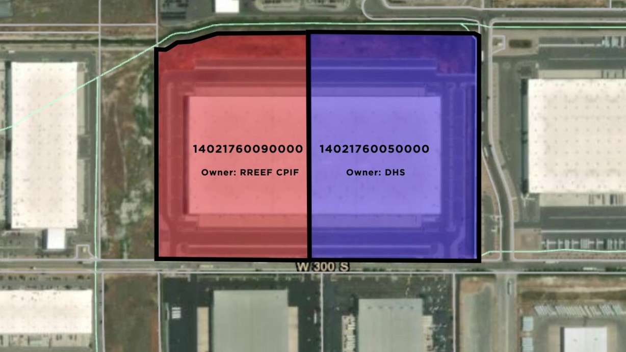 A photo illustration showing both sides of a warehouse in Salt Lake City intended for use as an Immigration and Customs Enforcement “mega center.” The Department of Homeland Security officially finalized the purchase of all 47 acres on Monday.