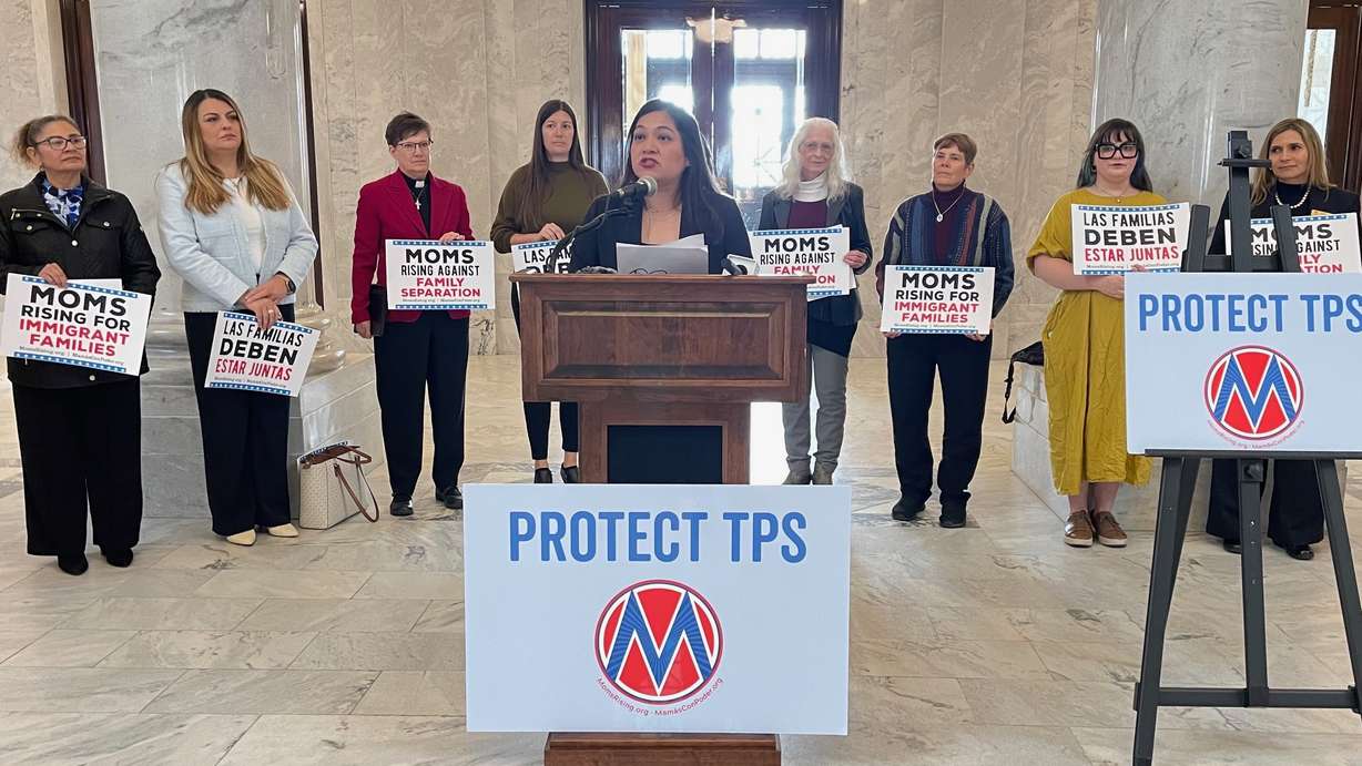 A contingent of immigrant advocates gathered Friday at the Utah Capitol in Salt Lake City to tout temporary protective status programming amid moves by the Trump administration to end it. The photo shows Linda Stone of Moms Rising in Utah speaking at the event.