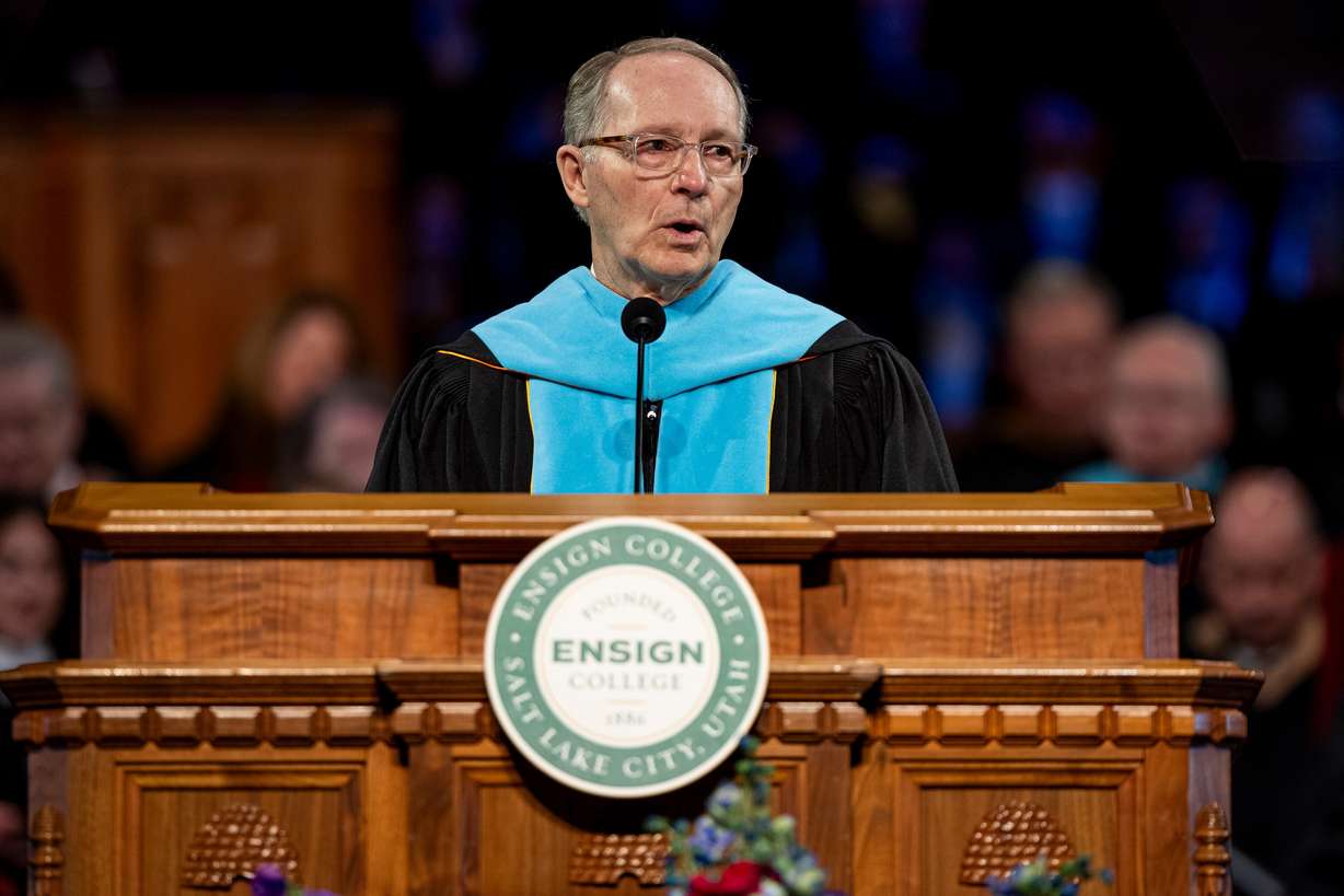 President Bruce C. Kusch, 13th president of Ensign College, speaks during the 139th Ensign College commencement exercises at the Salt Lake Tabernacle on Temple Square in Salt Lake City on Friday. Kusch spoke about the need for men and women to move the work of God forward.