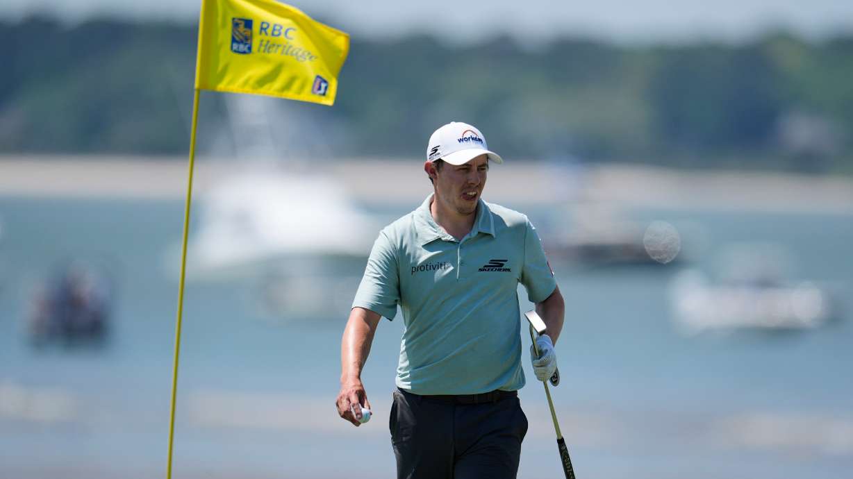 Matt Fitzpatrick, of England, prepares to putt on the 18th hole during the second round at the RBC Heritage golf tournament Friday, April 17, 2026, in Hilton Head, S.C.