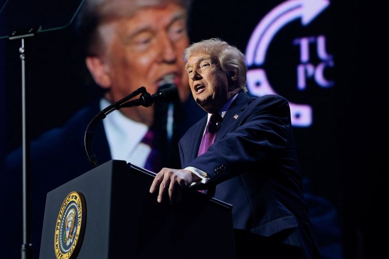 President Donald Trump speaks during a Turning Point USA event at Dream City Church in Phoenix, Ariz., Friday. Trump called Iran's announcement to reopen the Strait of Hormuz "a great and brilliant day for the world."