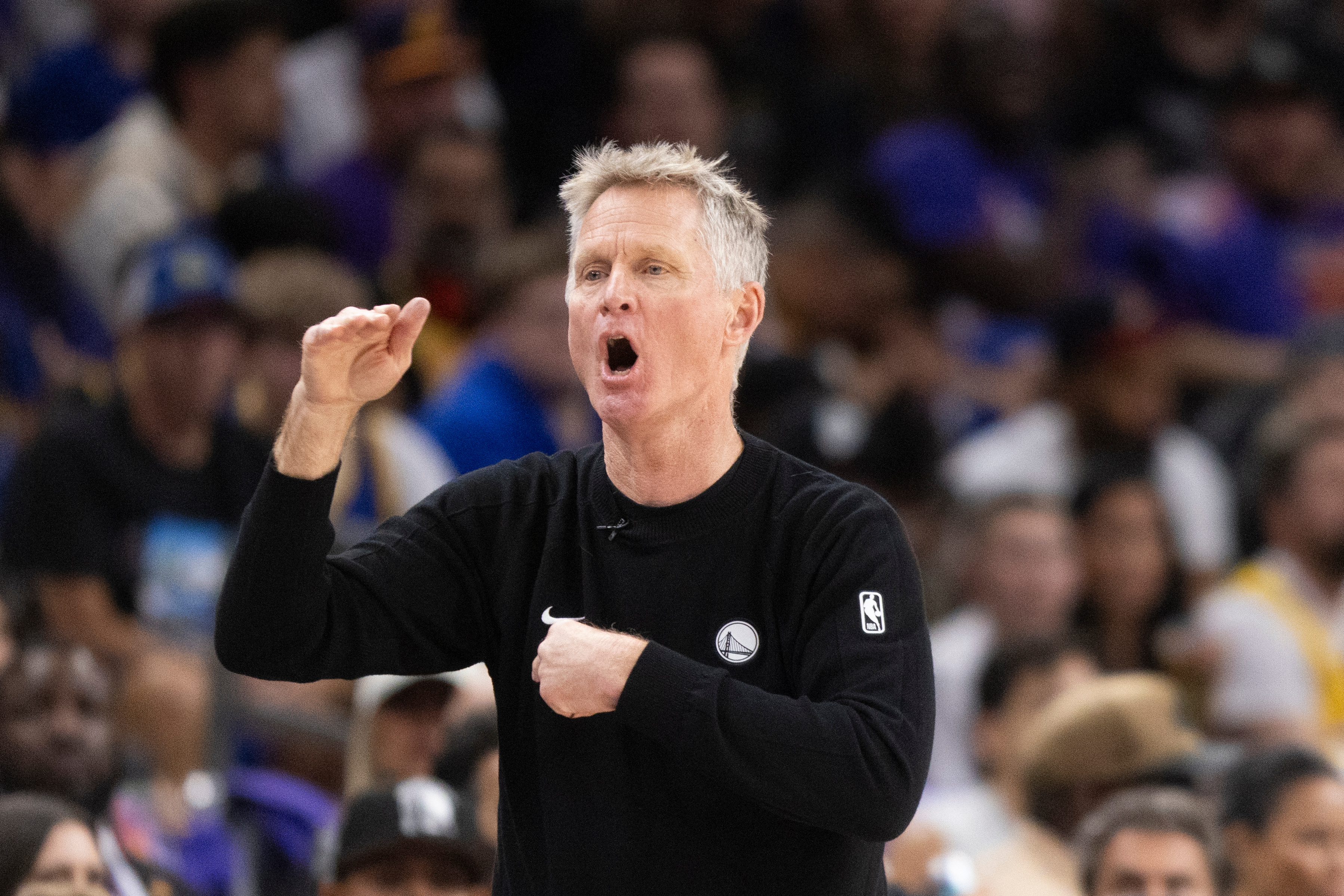 Golden State Warriors Head Coach Steve Kerr is seen during the first half of his NBA play-in tournament game against the Phoenix Suns in Phoenix, Ariz., Friday, April 17, 2026. 