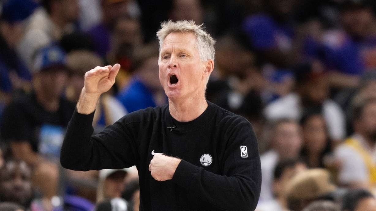 Golden State Warriors Head Coach Steve Kerr is seen during the first half of his NBA play-in tournament game against the Phoenix Suns in Phoenix, Ariz., Friday, April 17, 2026.