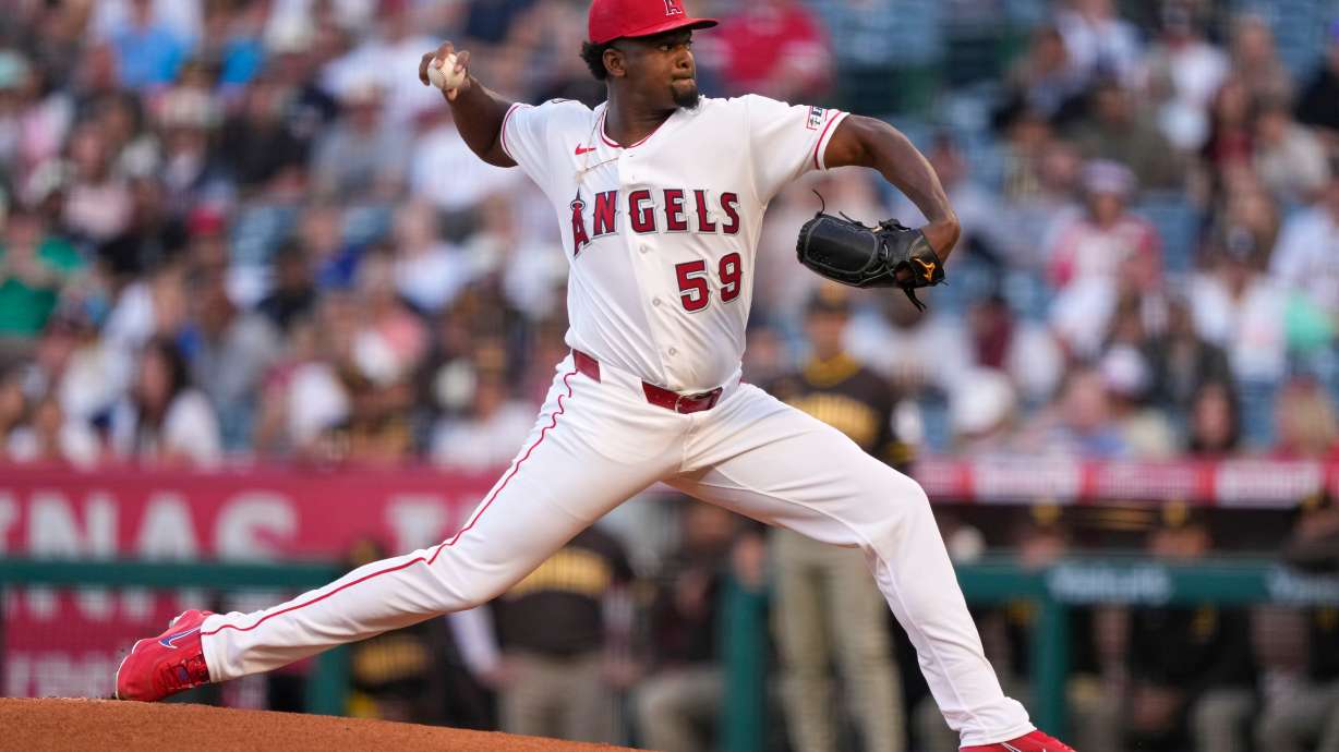 Los Angeles Angels pitcher José Soriano throws to the plate during the first inning of a baseball game against the San Diego Padres, Friday, April 17, 2026, in Anaheim, Calif.