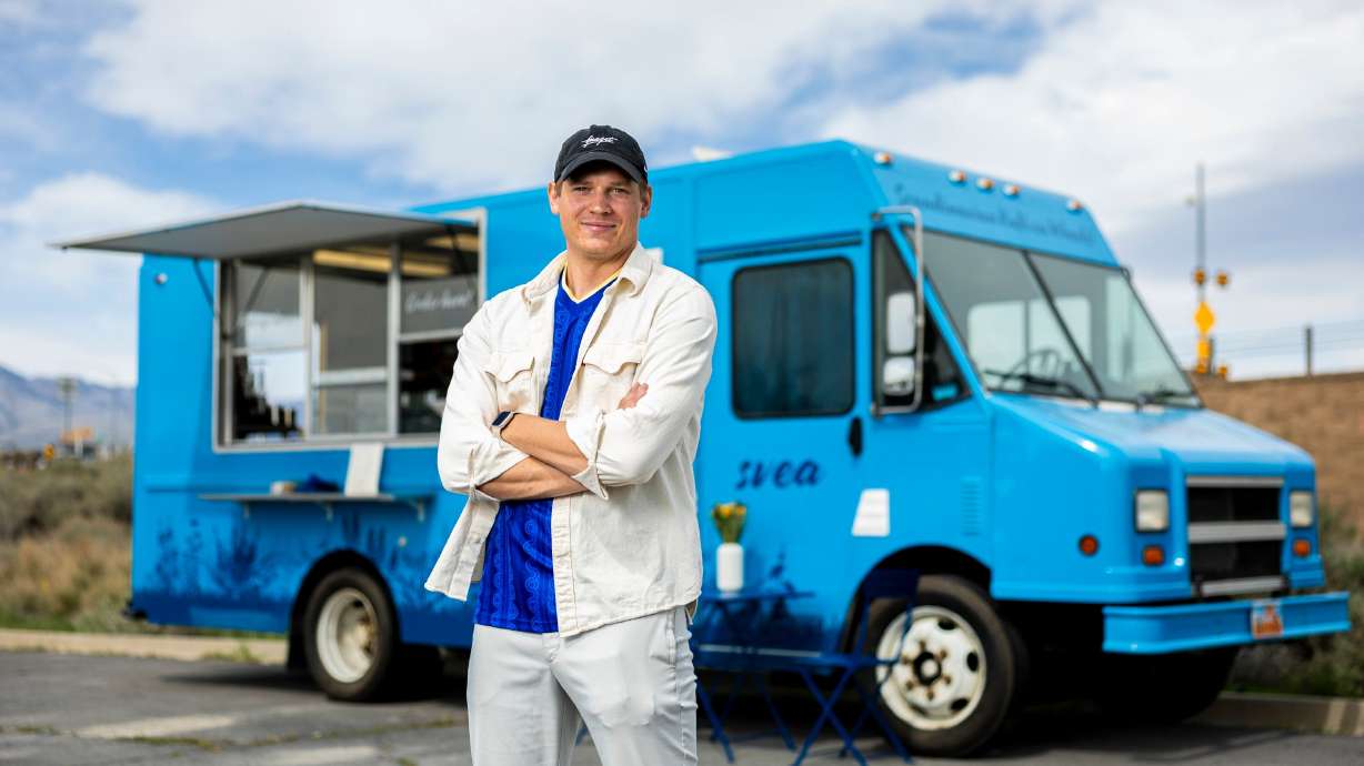 Alfred Kilis, co-owner of SVEA Scandinavian Kafé on Wheels, poses for a portrait in front of his food truck in Eagle Mountain on April 10. Kilis co-owns the business with his wife, Madeline.
