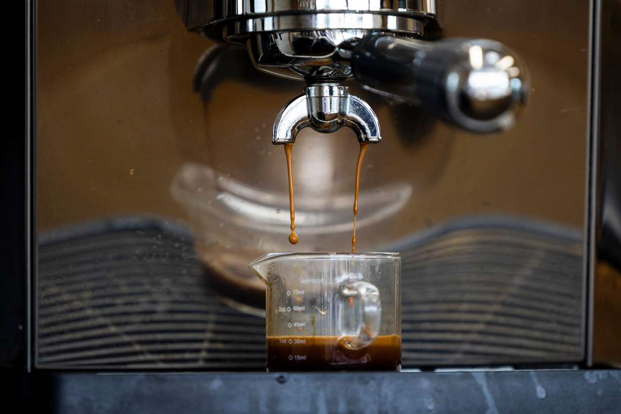 Espresso drips as a drink is prepared at SVEA Scandinavian Kafé on Wheels in Eagle Mountain on April 10.