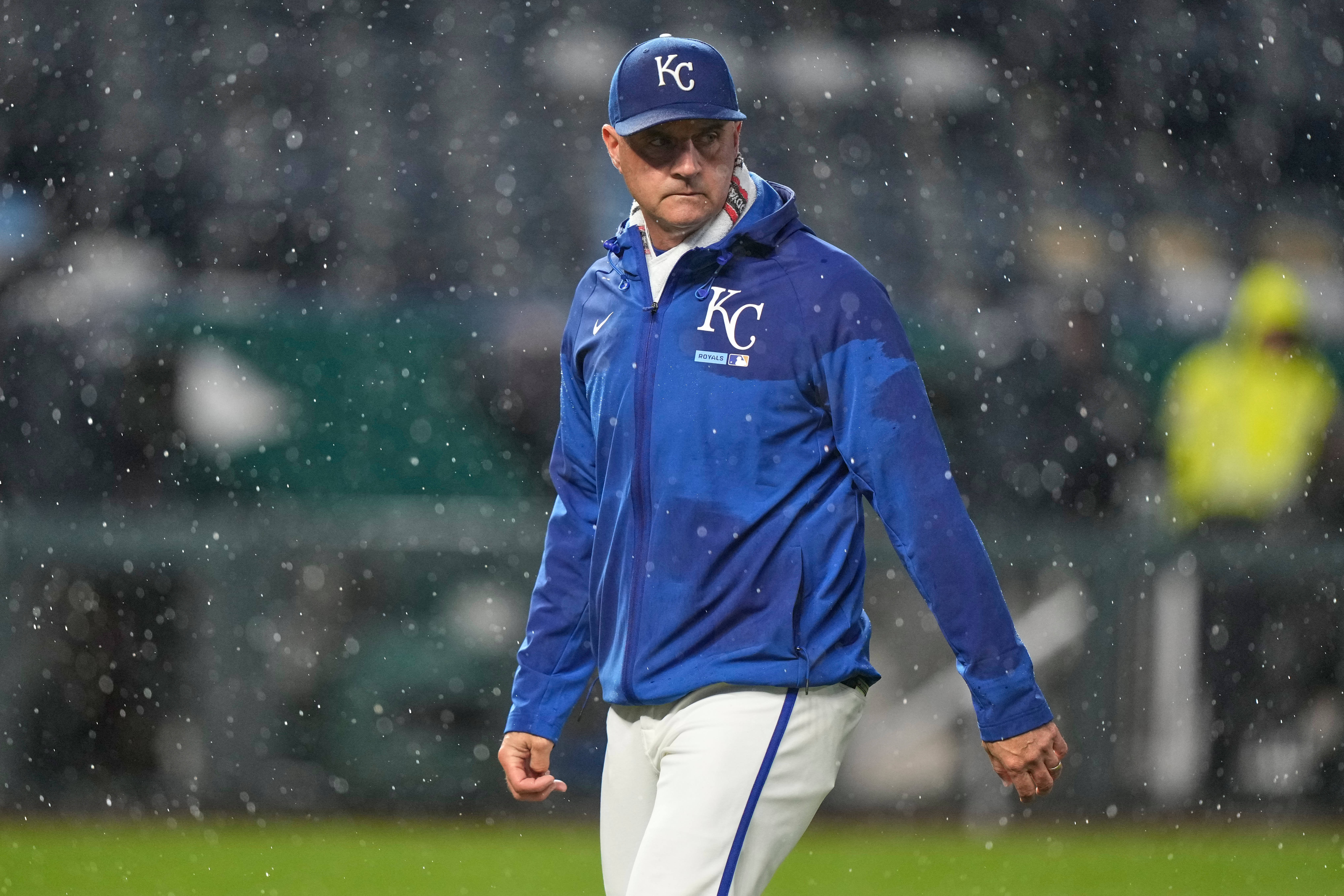 Kansas City manager Matt Quatraro walks to the dugout after making a pitching change during the ninth inning of a baseball game against the Minnesota Twins, Wednesday, April 1, 2026, in Kansas City, Mo. 