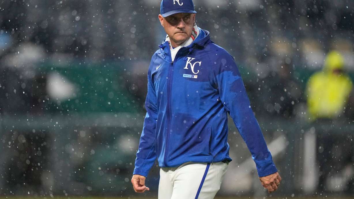 Kansas City manager Matt Quatraro walks to the dugout after making a pitching change during the ninth inning of a baseball game against the Minnesota Twins, Wednesday, April 1, 2026, in Kansas City, Mo.