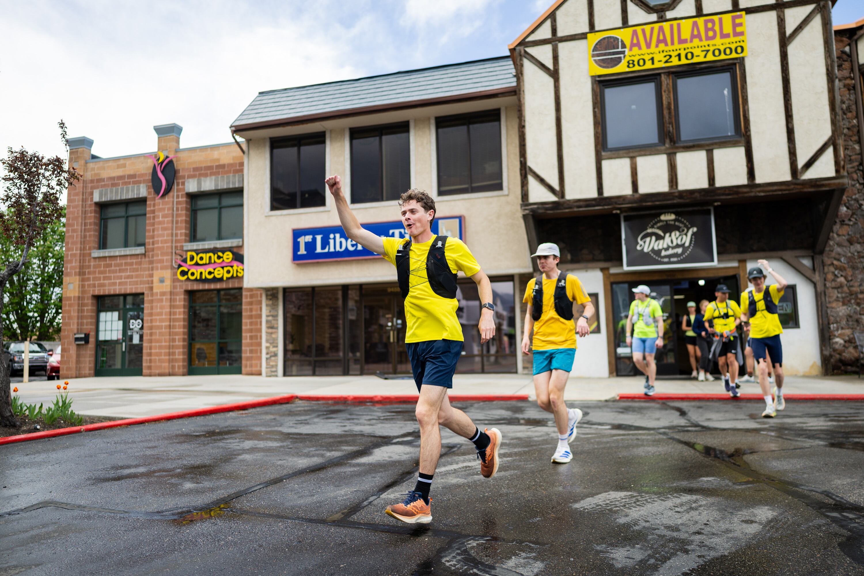 Eight friends leave ValSof Bakery while attempting to set a Guinness World Record for fast-food eating in a 24-hour period in Sandy on April 11.
