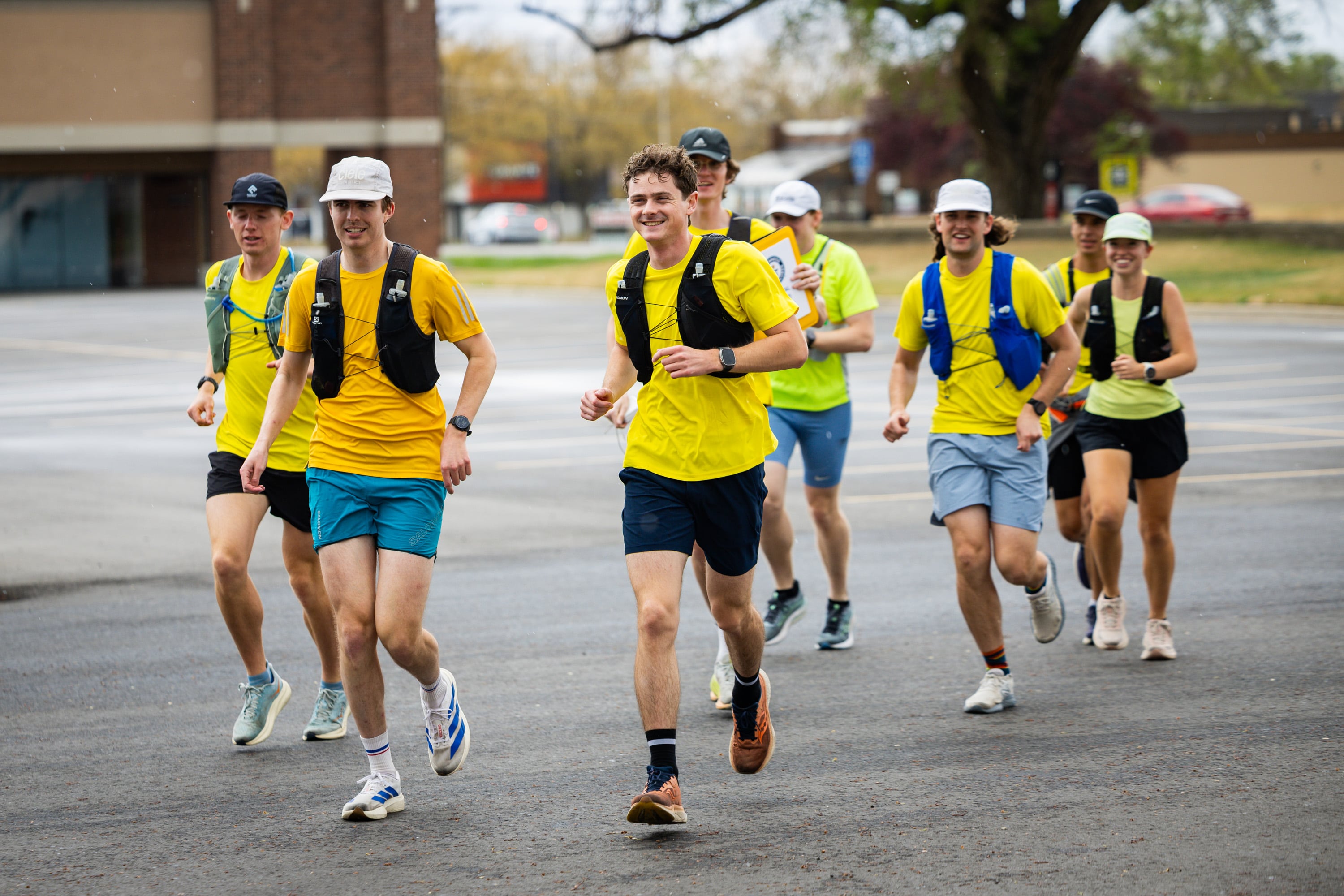 Eight friends arrive to Hot Dog on a Stick while attempting to set a Guinness World Record for fast-food eating in a 24-hour period in Sandy on April 11.