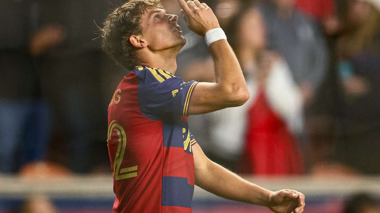 Real Salt Lake forward Sergi Solans (22) points to the sky as he celebrates his second goal during the first half of a Major League Soccer game against San Diego FC at America First Field in Sandy on Saturday, April 18, 2026.