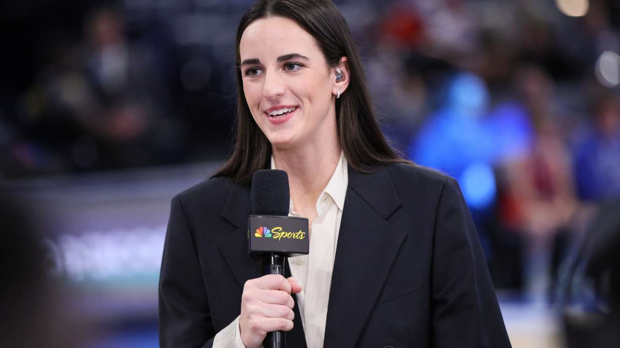Indiana Fever guard Caitlin Clark participates in an NBC Sports broadcast before an NBA basketball game between the New York Knicks and the Oklahoma City Thunder, Sunday, March 29, 2026, in Oklahoma City.