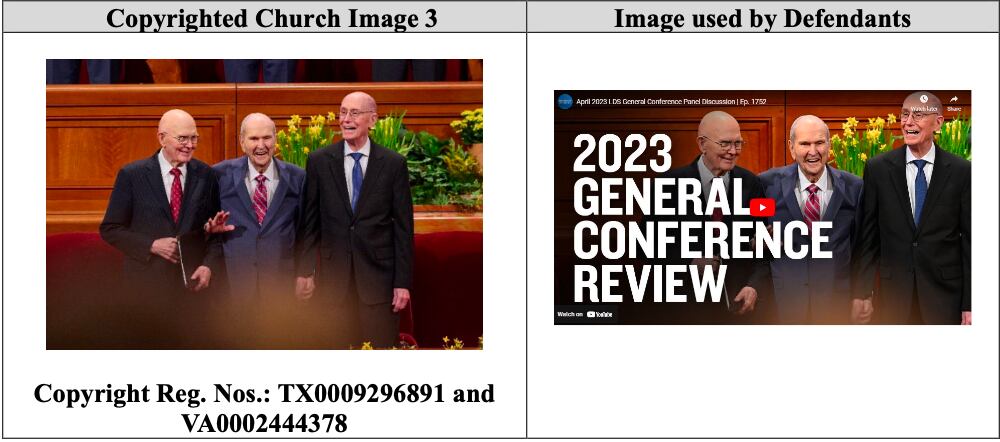 An exhibit is shown from a lawsuit the Church of Jesus Christ filed against John Dehlin and the Open Stories Foundation on Friday, April 17, 2026. The trademark complaint alleges that Dehlin and Open Stories used copyrighted church photographs like that shown of the church's First Presidency at general conference.