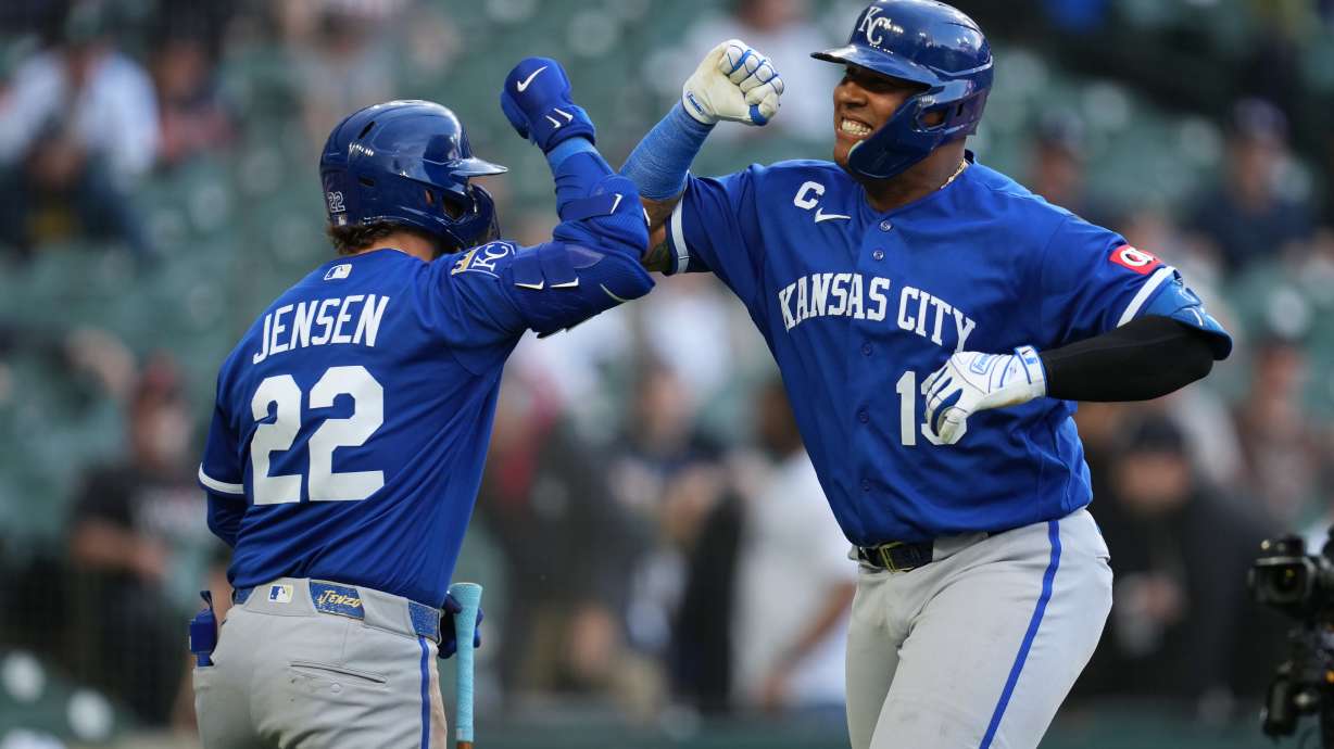 Kansas City Royals catcher Salvador Perez, right, celebrates his three-run home run with Carter Jensen (22) against the Detroit Tigers during the seventh inning of a baseball game Thursday, April 16, 2026, in Detroit.