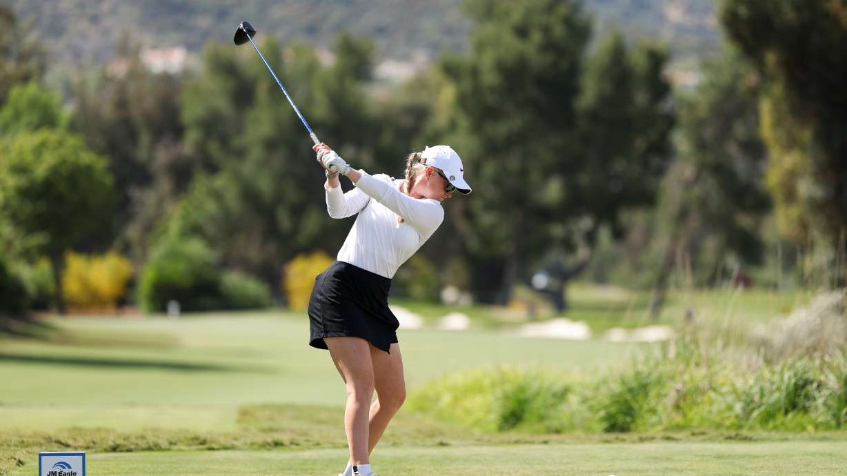 Frida Kinhult hits from the second tee during the final round of the LPGA's JM Eagle LA Championship golf tournament at El Caballero Country Club, Sunday, April 19, 2026, in Los Angeles.
