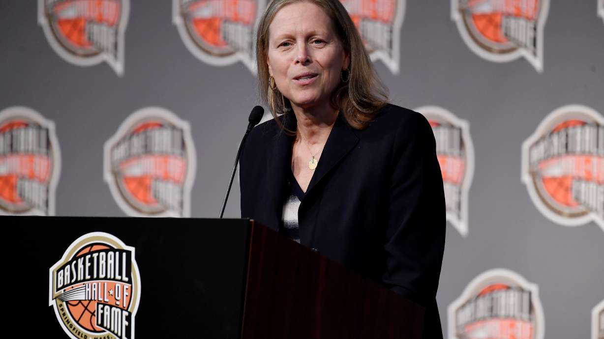 FILE - Class of 2021 inductee Val Ackerman speaks at a news conference for the Basketball Hall of Fame, Sept. 10, 2021, at Mohegan Sun in Uncasville, Conn.