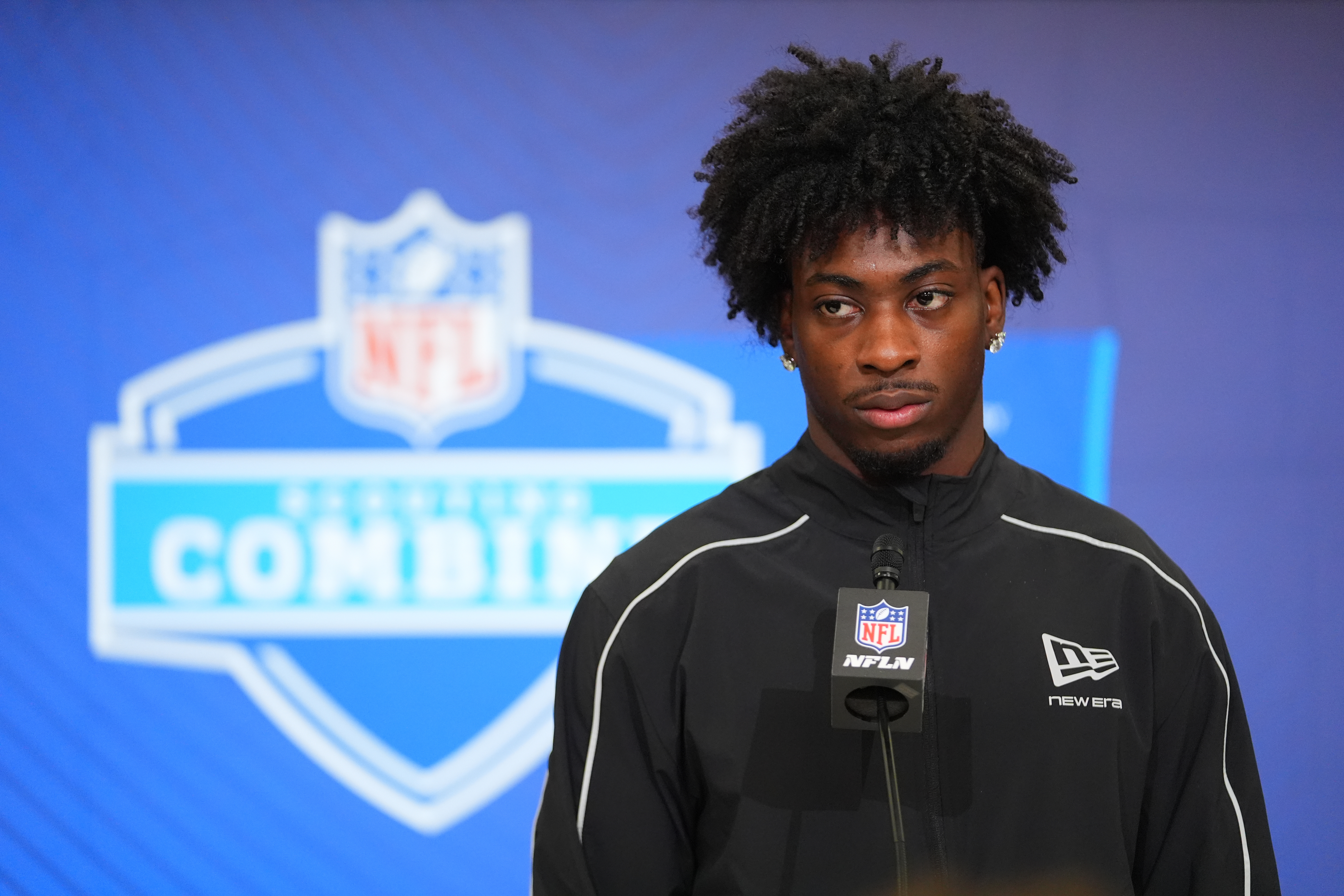 FILE - Georgia wide receiver Zachariah Branch speaks during a news conference at the NFL football scouting combine in Indianapolis, Feb. 27, 2026. 