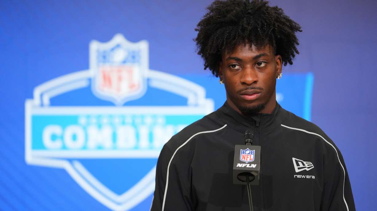 FILE - Georgia wide receiver Zachariah Branch speaks during a news conference at the NFL football scouting combine in Indianapolis, Feb. 27, 2026.