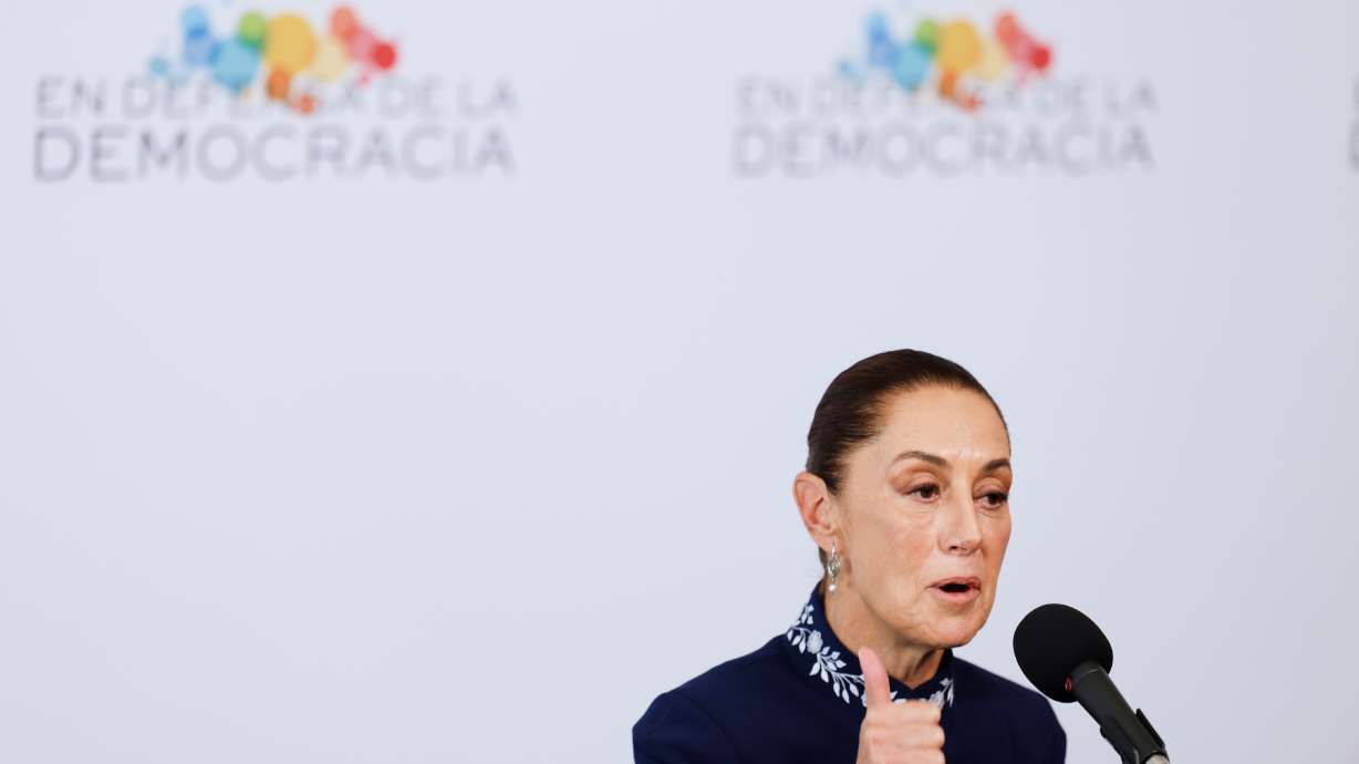 Mexican President Claudia Sheinbaum at the Meeting in Defense of Democracy summit, in Barcelona, Saturday. Sheinbaum said she would demand explanations after four U.S. and Mexican officials died in an accident over the weekend.