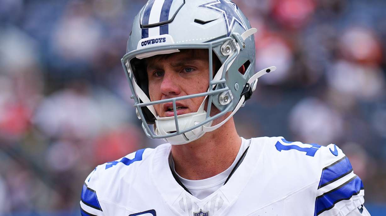 FILE - Dallas Cowboys place kicker Brandon Aubrey looks on against the Denver Broncos before an NFL football game Sunday, Oct. 26, 2025, in Denver.